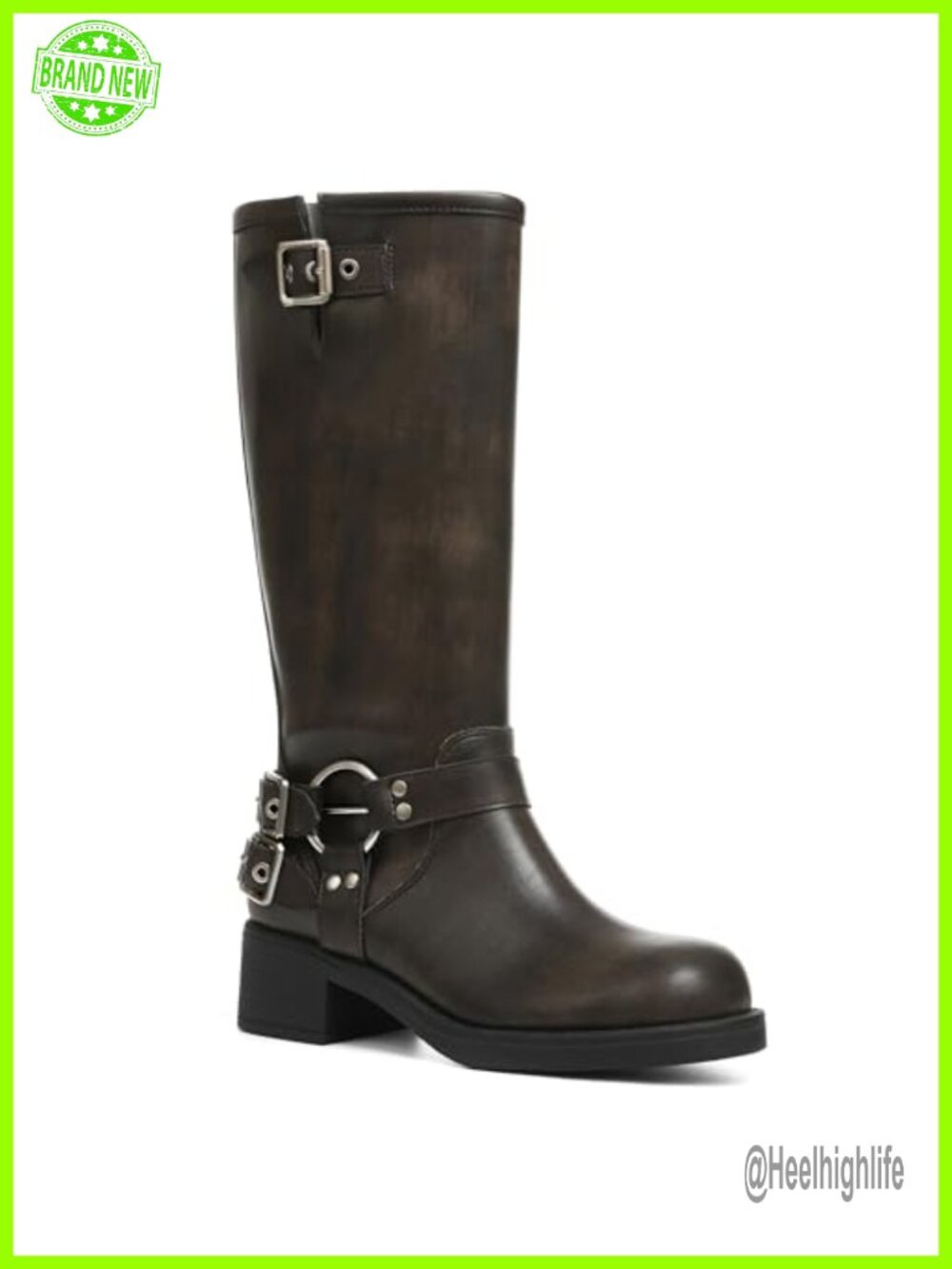 Knee High Boots Women Moto Biker Buckle Tall Combat Boots Chunky Block Heel